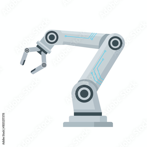 A light gray robotic arm with blue circuit lines and a claw end on white