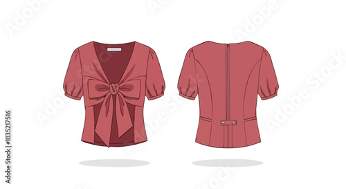 Elegant rose blouse with front bow and short puff sleeves showcasing front and back designs on a white background