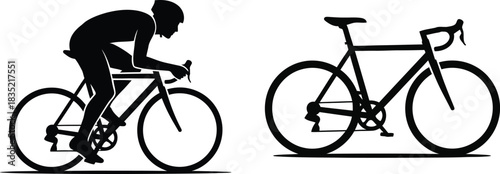 Silhouette of cyclist riding a road bike with a stationary bike