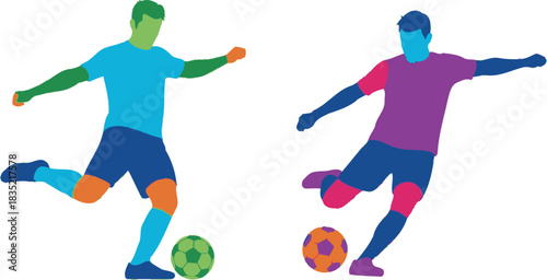 Colorful soccer players kicking balls in dynamic action abstract vector illustration