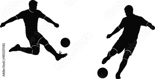 Two soccer players kicking a ball silhouette isolated on white background