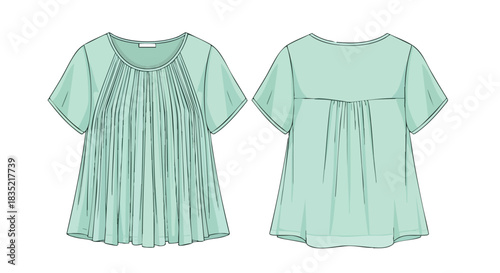 Mint Green Blouse Fashion Technical Drawing Showcasing Front and Back Views with Pleated Details and Relaxed Silhouette for Apparel Design and