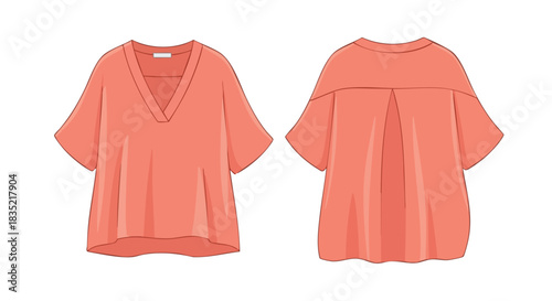 Salmon-colored short-sleeved blouse with V-neckline showcasing both the front and back design details in a simple flat lay presentation