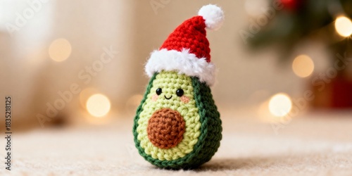 Adorable crocheted avocado wearing Santa hat brings festive cheer to your holiday projects this season, a cute and unique Christmas decoration