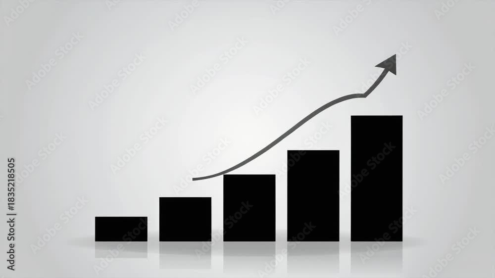 Simple black bar graph with an upward trending arrow on a grey gradient ...