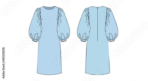 Technical Fashion Illustration of a Flowing Midi Dress with Balloon Sleeves in Light Blue Minimalist and modern design showing front and back views