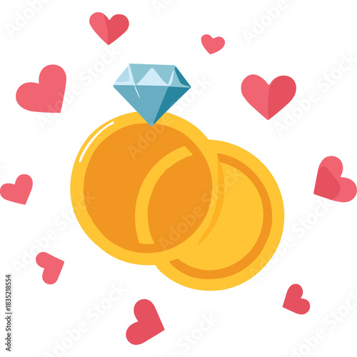 Two Shiny Gold Wedding Rings With A Diamond Engagement Ring Topped With Blue Gem Surrounded By Pink Hearts On A Black Background