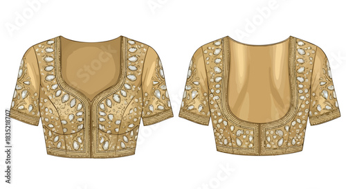 Elaborate golden blouse illustration with gemstone accents and traditional flair is displayed front and back for design inspiration and use in