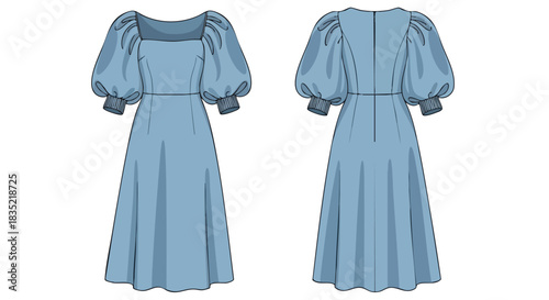 Technical fashion illustration: A-line midi dress with a square neckline and puffy three-quarter sleeves garment