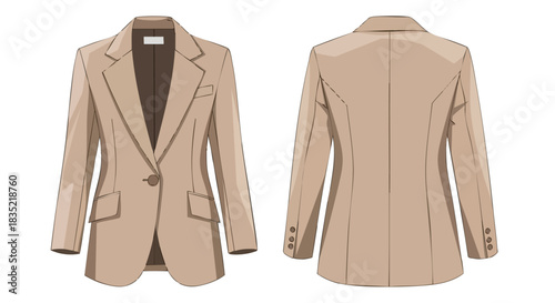 Fashionable business women blazer outfit design, front and back views showcasing elegant tailoring and sophisticated style with a neutral color