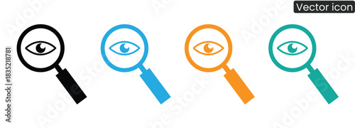 Eye and magnifying glass icons in vibrant colors for visual search, optical concepts, and insightful discovery. Great for technology, healthcare, and modern design projects.