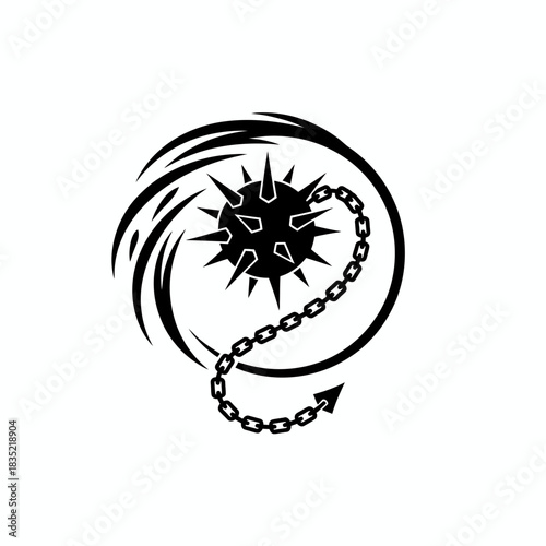 A black and white graphic illustration of a spiked mace with a chain, set against a swirling background.
