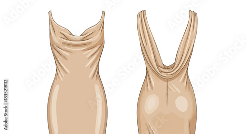 Elegant Beige Dress Design with Draped Neckline and Back Detail Presentation on White Background