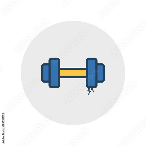 Damaged dumbbell icon representing fitness failure fitness goals and training setbacks useful for gym and health articles and advertising campaigns.