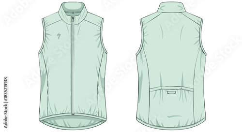 Technical illustration showcasing a light green cycling vest, front and back views, displaying design details and pocket placement for sportswear