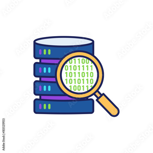 data analysis inspecting binary code with a magnifying glass next to server data illustrating cybersecurity data science and information technology.