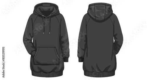 Detailed vector illustration showcasing a dark gray long hoodie with front and back views against a white backdrop