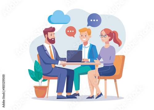 Candidate and HR manager having job interview. Business man and woman meeting at table, talking with speech bubbles. illustration for conversation, career, human resource concept