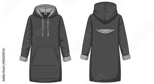 Longline Hoodie Technical Fashion Flat Sketch Front and Back Views for Apparel Design Details Showing Hoodie Style