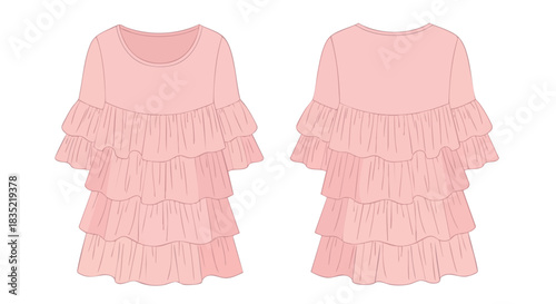 Fashion illustration showcasing a pink dress with delicate ruffle layers for spring and summer apparel design, a soft and feminine wardrobe essential