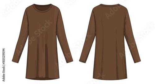 Brown long-sleeve dress illustration showcasing front and back views for fashion design, technical apparel, clothing mockups and online textile