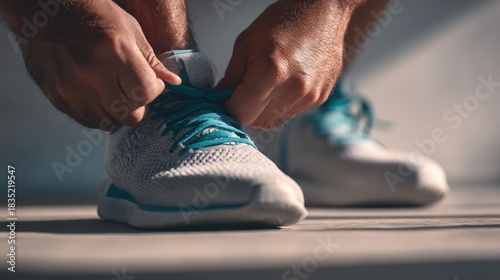 Athletic Man Tying Sneakers in Indoor Gym Running Shoes with Blue Laces