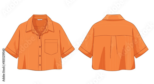 Illustration of a vibrant tangerine-colored button-down shirt, featuring a front view with a single pocket and a clean back view showing subtle