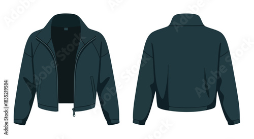 Dark Teal Zippered Jacket Illustration: Front and Back View for Fashion and Apparel Design mockups