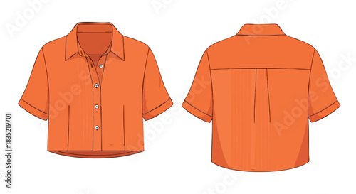 Orange cropped blouse design sketch showcasing the front and back views suitable for fashion design presentations