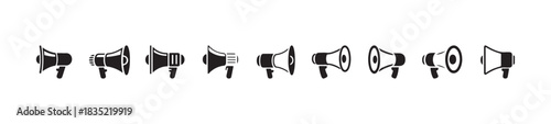 Set of black speaker icon, megaphone icon, loudspeaker flat icon, bullhorn icon, shout icon, advertising campaign