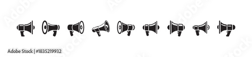 Set of black speaker icons, megaphone icons, loudspeaker flat icons, bullhorn icons, public announcement