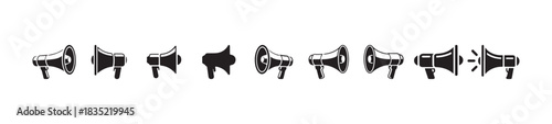 Set of black speaker icons, megaphone icons, loudspeaker flat icons, bullhorn icons, alert system, public use