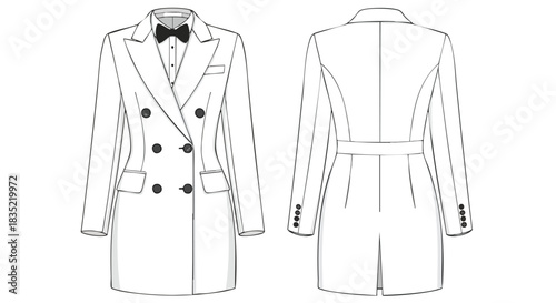 Technical fashion drawing of a double-breasted blazer dress showcasing front and back detailings with elegance