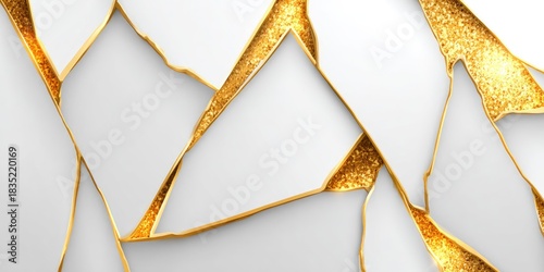 Geometric white fragments with golden sparkling cracks form abstract background.
