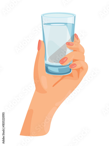 A hand holds a glass of vodka. Flat vector clipart illustration with isolated background.