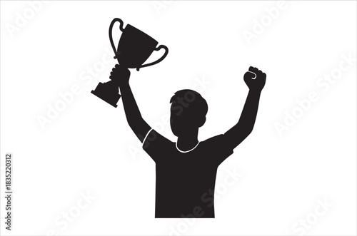 Silhouette of a person celebrating victory by raising a trophy high