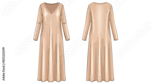 Elegant beige-colored long-sleeved dress fashion design illustration with clean lines and a sophisticated silhouette, rendered on a white backdrop