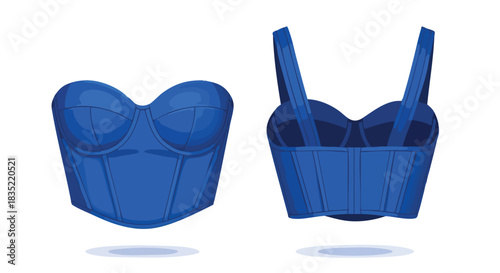 Vibrant azure blue bodice illustration featuring both the front and back view isolated on a white backdrop providing a detailed perspective