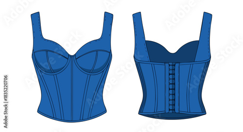 Front and back view illustration of a striking blue corset with shoulder straps for fashion design and apparel presentation