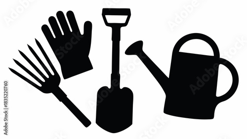 Silhouette illustration of gardening tools including a shovel, rake, watering can and glove | editable eps vectors