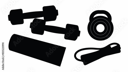 Silhouette illustration of dumbbells yoga mat kettlebell and jump rope on a white background set for fitness 100 | editable eps vectors
