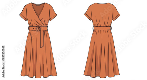 Technical fashion illustration of a rust-colored midi wrap dress with belt displayed from front and back viewpoints