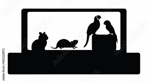 Silhouette of cat, mouse, and two parrots displayed in a rectangular frame on a solid black base | editable eps vectors