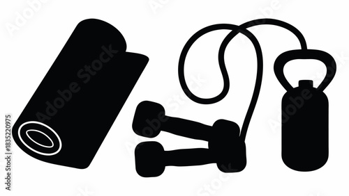 Illustration of a rolled yoga mat dumbbells jump rope and kettlebell for fitness and exercise equipment | editable eps vectors silhouette