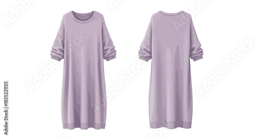 Vector illustration displaying a comfortable lilac colored dress on a white background, showcasing both its front and back designs in a minimalist