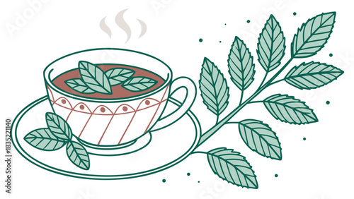  Herbal Tea Cup with Mint Leaves Line Art Illustration on White Background