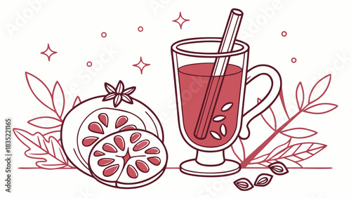  Fruit Tea in Glass Mug with Citrus Slices Line Art Illustration on White Background