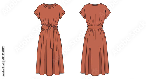 Technical Fashion Illustration: Detailed front and back views of a belted midi dress with soft pleats, showcasing its design elements and silhouette