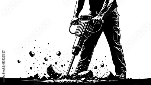 Jackhammer Worker Illustration – Construction Demolition Scene with Heavy Power Tool
