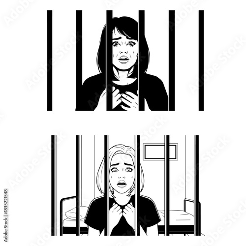 lonely young woman is sitting on the bed of her dark and empty prison cell. silhouette pack